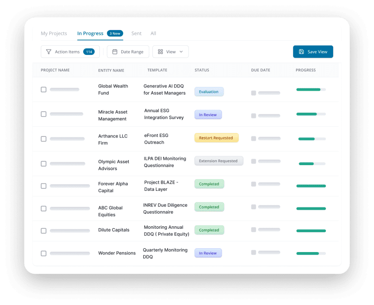 DiligenceVault Project Grid
